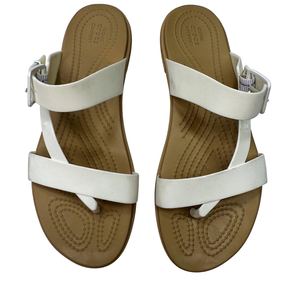 Crocs Tulum Toe Post Sandal Womens 8 Stucco Tan Strappy Buckle Boho Flat Casual